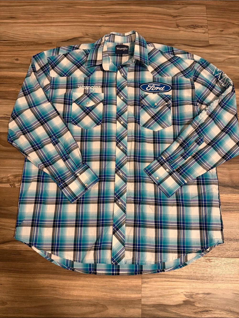 Wrangler Western Shirt Mens XL Blue L/S White Plaid Pearl Snap Ford Logo Rodeo